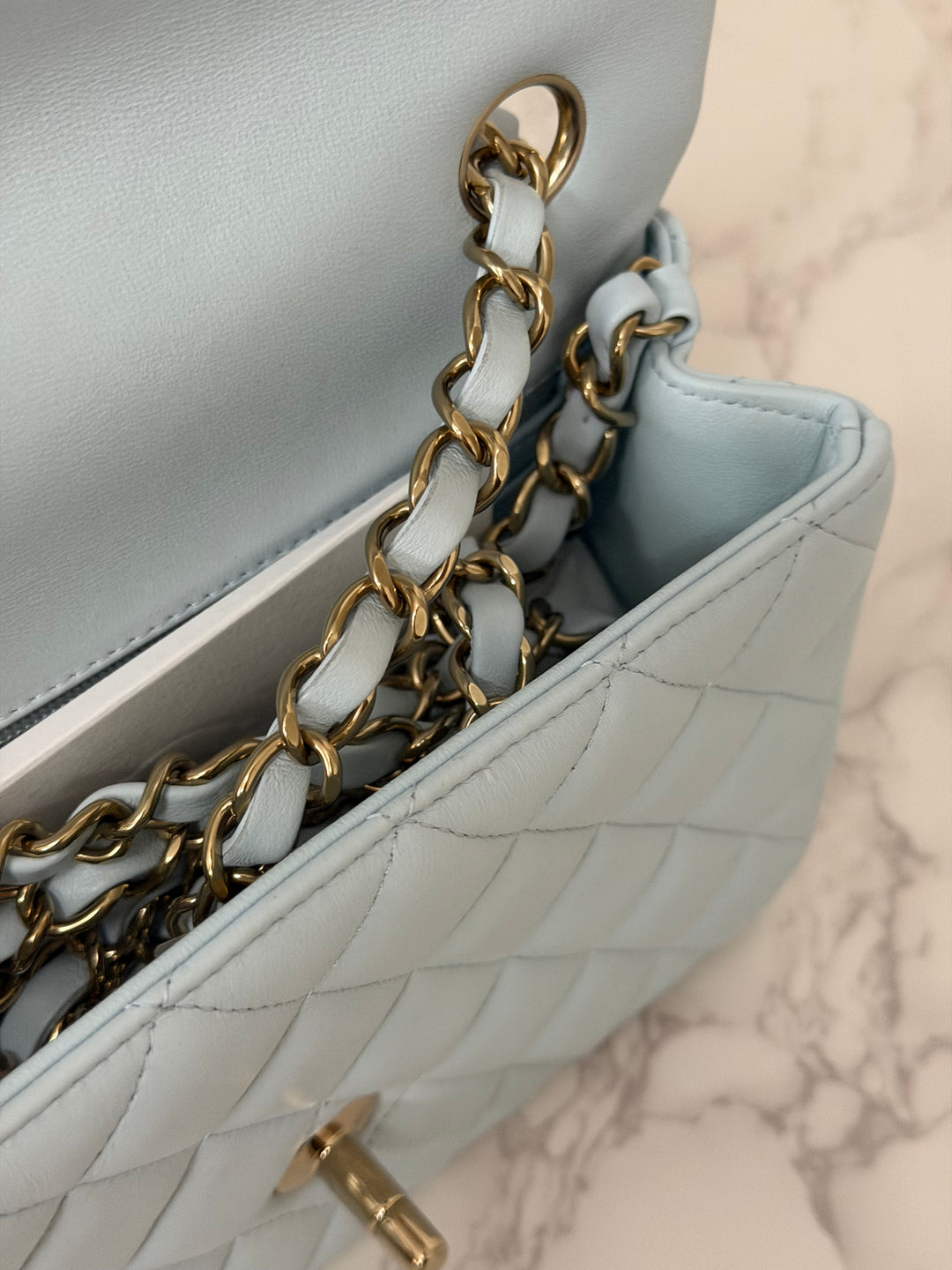 CHANEL 25S collection 2025 Light Baby Blue Lambskin LGHW Mini Rectangular Flap Bag