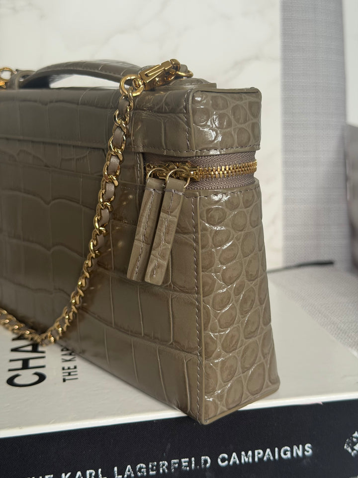 CHANEL 26A Etoupe Khaki Croc Embossed Calf skin LGHW LP Long Vanity size Medium 23 cms with detachable chain 2026