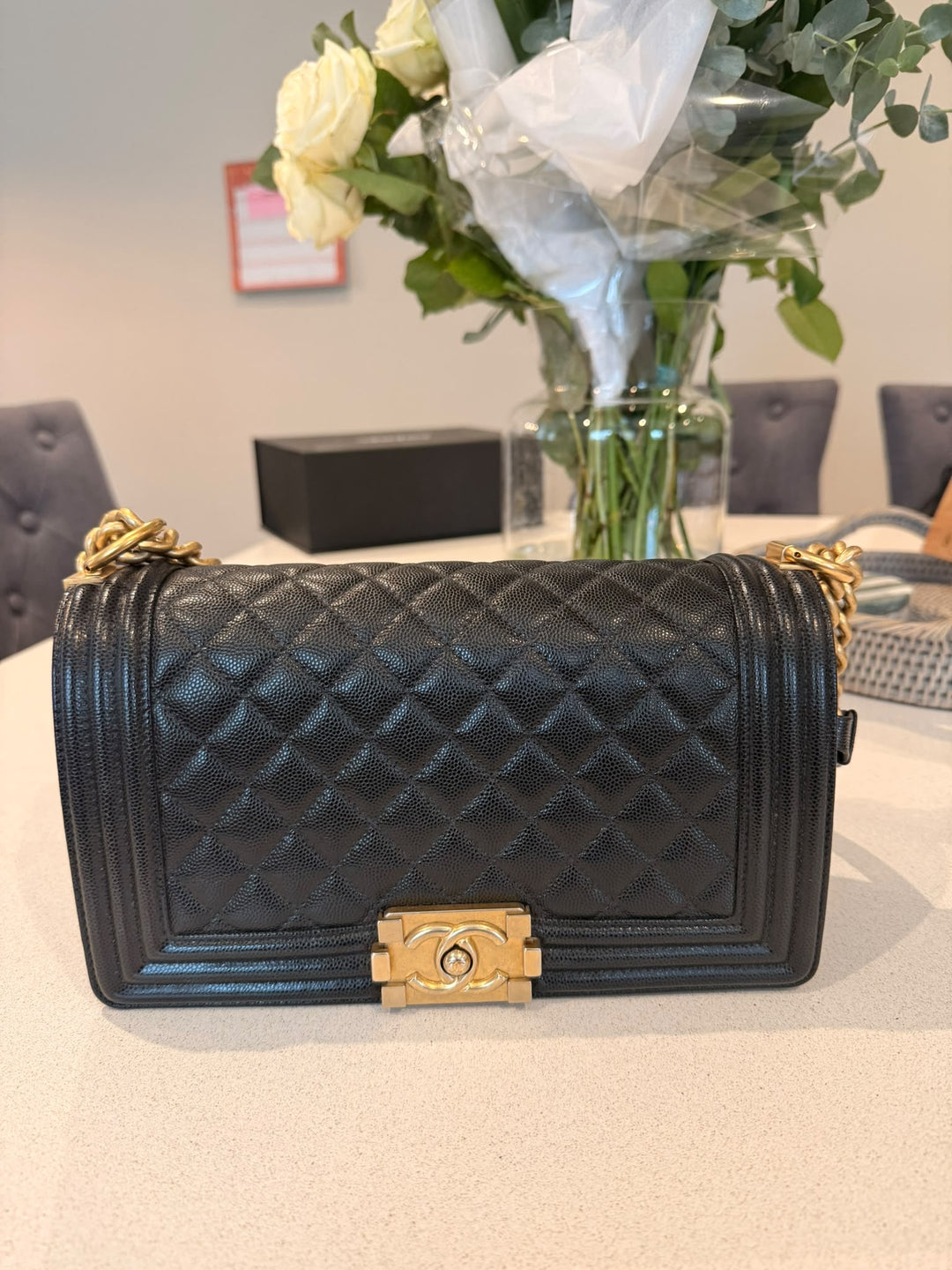 CHANEL series 29 2019 Black Caviar aged GHW Le Boy Flap Bag size Old Medium 25 cms