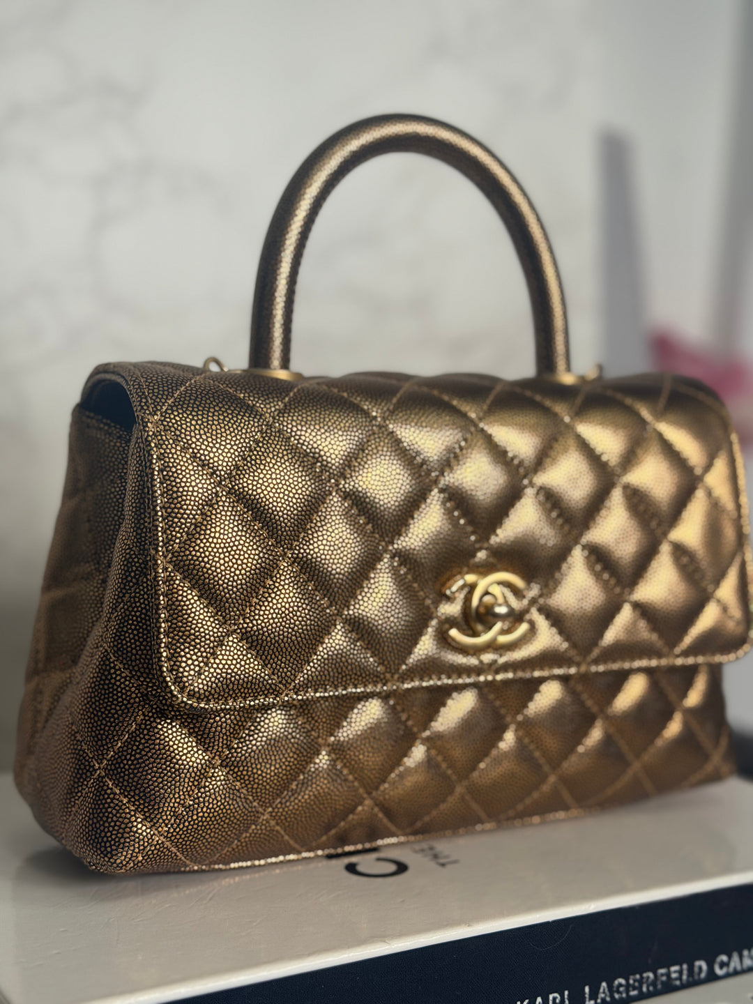 CHANEL series 28 19A Metallic Bronze Gold Caviar Aged GHW Coco Handle Flap Bag size SMALL with detachable shoulder strap 2019