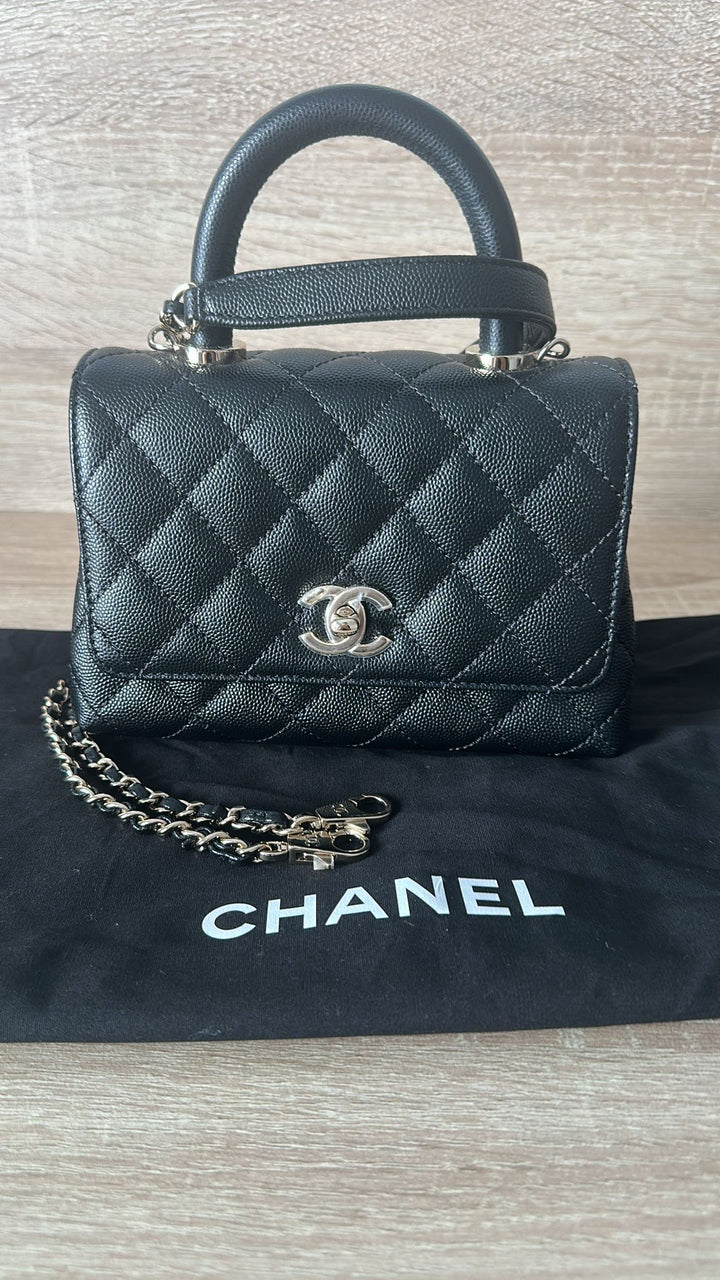 CHANEL Black Caviar LGHW Mini Coco Handle with Detachable Strap Microchip 7.5 inches