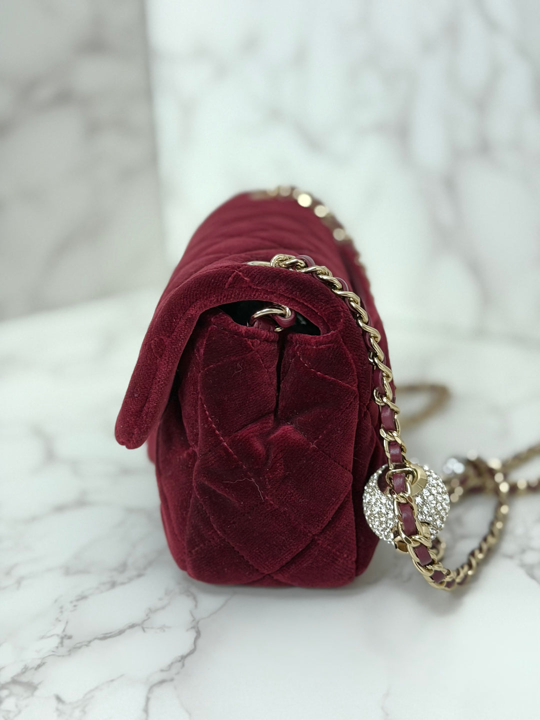 CHANEL series 31 Dark Red/Burgundy Velvet Adjustable Crystal Pearl Crush Mini Rectangular Flap Bag LGHW 2020/2021