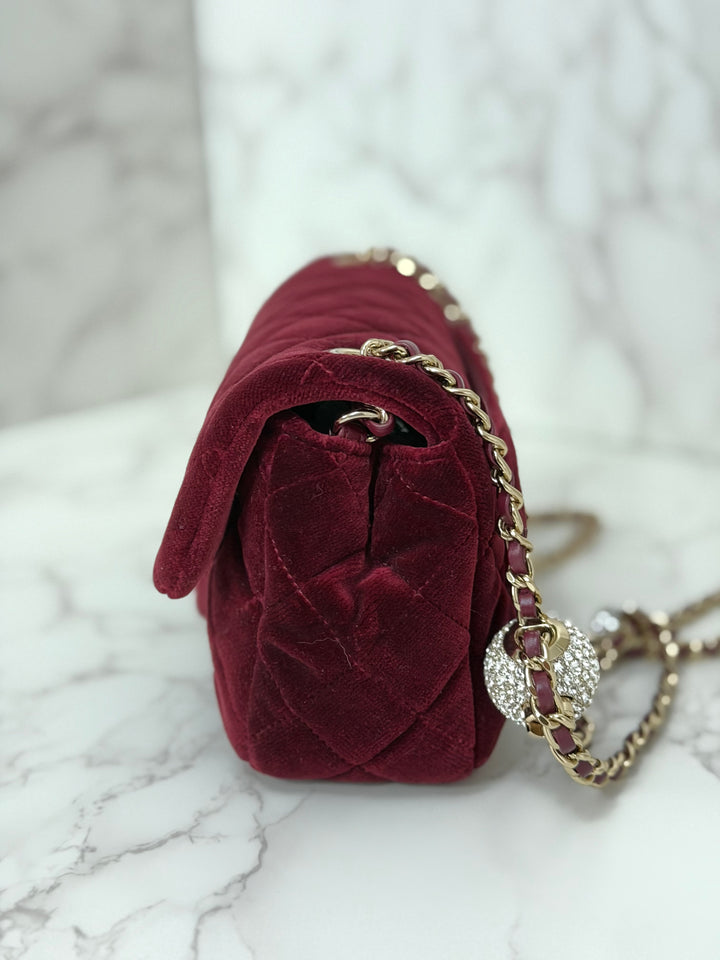 CHANEL series 31 Dark Red/Burgundy Velvet Adjustable Crystal Pearl Crush Mini Rectangular Flap Bag LGHW 2020/2021