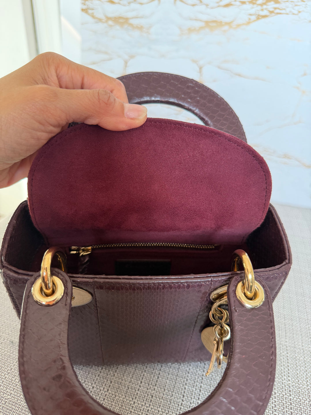 Dior Lady Dior MINI Burgundy Dark Red Python Leather 2018 LGHW