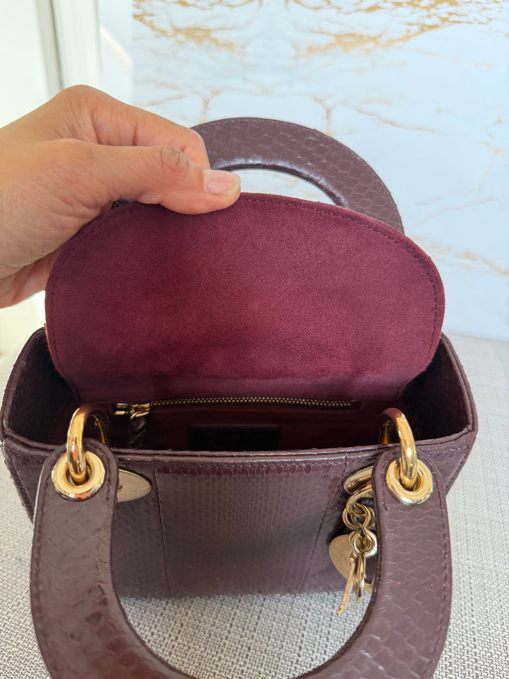Dior Lady Dior MINI Burgundy Dark Red Python Leather 2018 LGHW