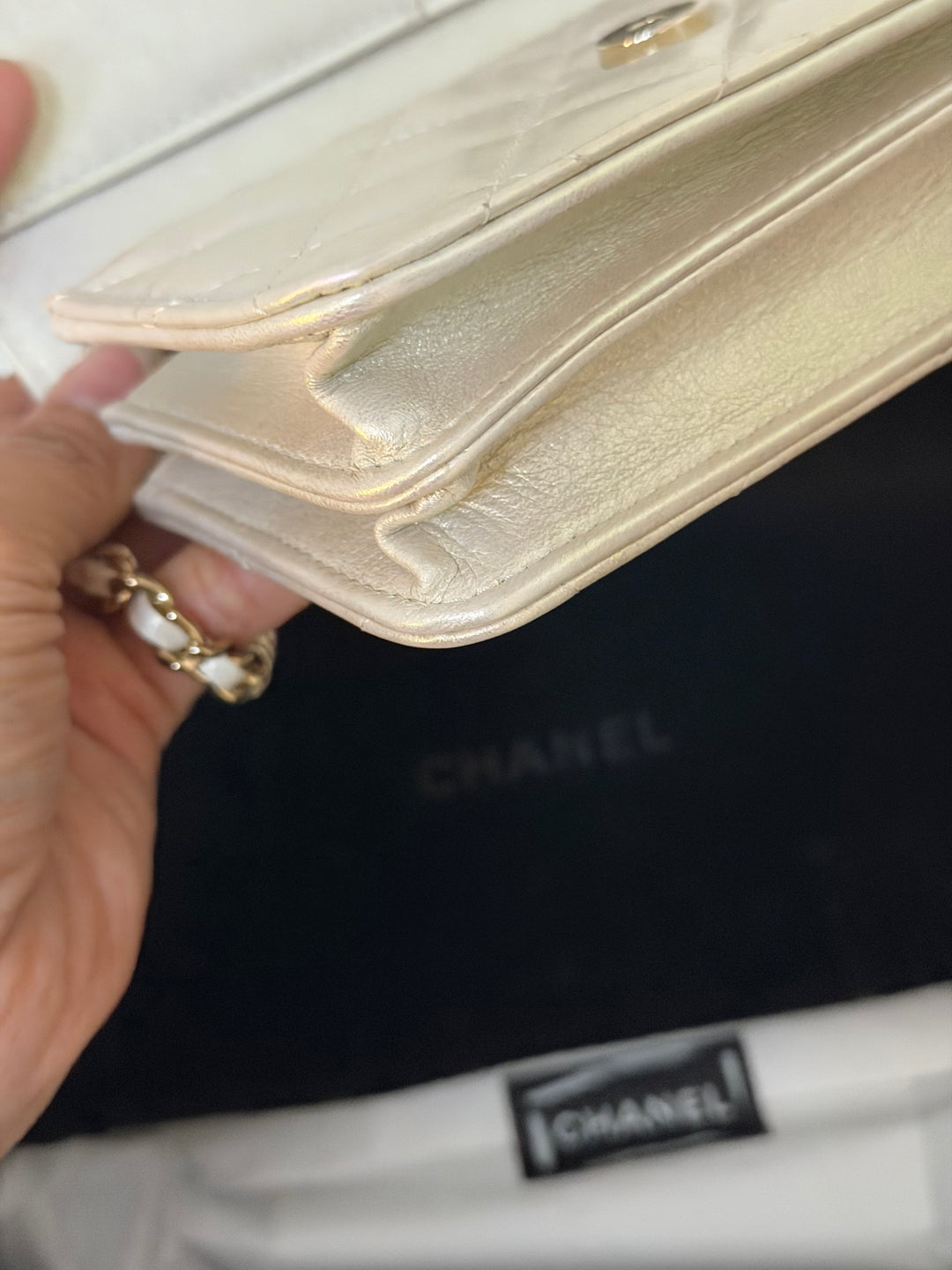 CHANEL series 31 20B Ivory Calf Skin LGHW Mini Wallet on Chain (WOC) 6 inches