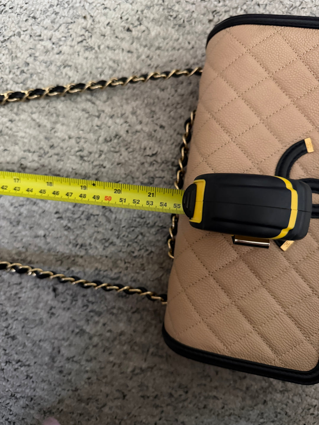 CHANEL Beige & Black Filigree Aged GHW Magnetic Closure Flap Bag size Medium 10 inches