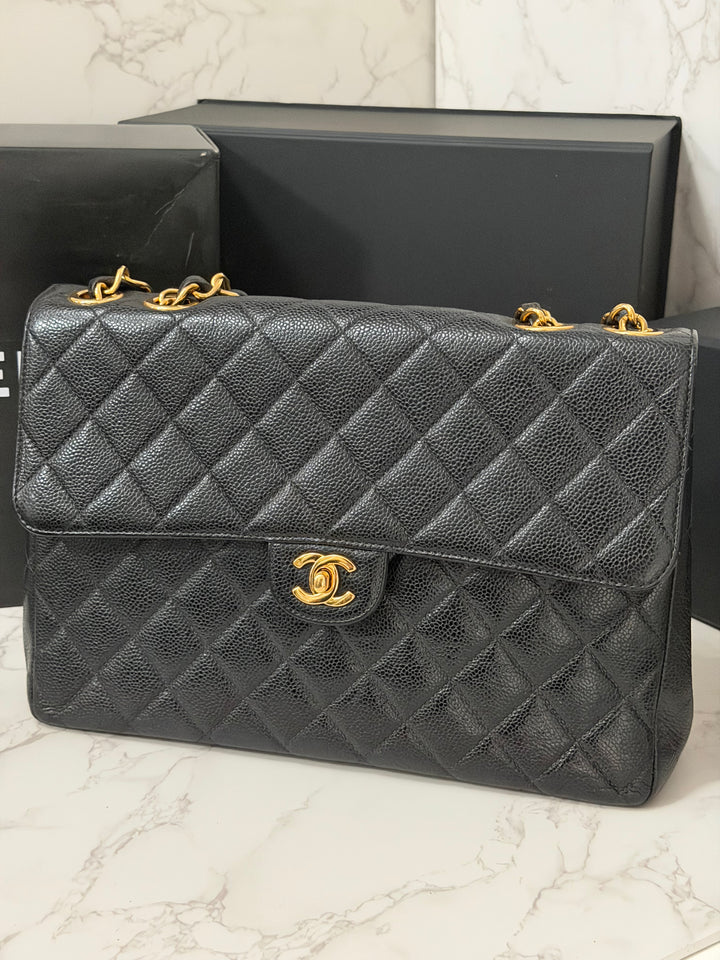 Chanel Series 7 24K GHW Black Caviar Vintage Jumbo Single Flap Bag 2008/2009