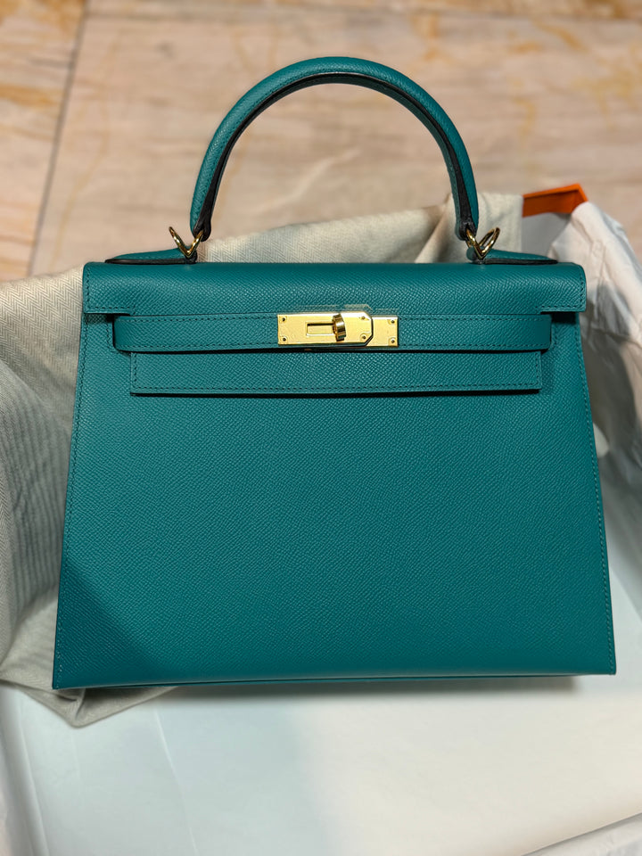 Hermes Kelly 28 Sellier Epsom Leather SO Bleu Paon GHW Stamp D 2019