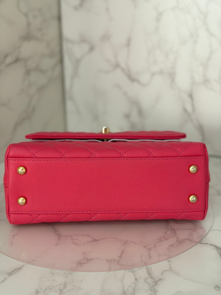 Chanel 23P Collection 2023 Dark Pink Caviar Aged GHW Coco Handle with Detachable Strap and enchained handle size Small