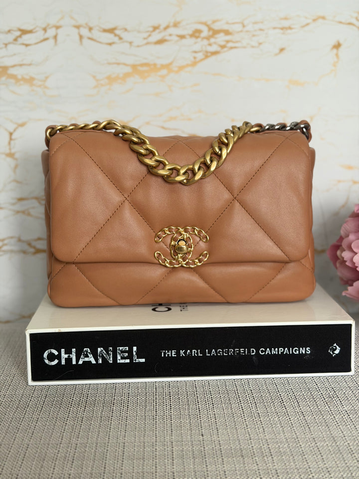 CHANEL Caramel Brown Lambskin Mixed Hardware 19 Flap Bag size SMALL 2022