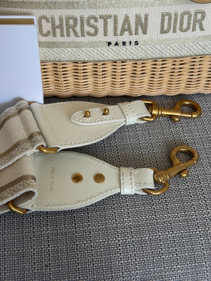 DIOR Lady Dior White/Gold Wicker Bag size SMALL with Guitar Strap