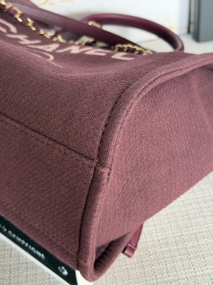 Chanel Burgundy Tweed Deauville Tote with Leather top handle size SMALL 13 inches 2024