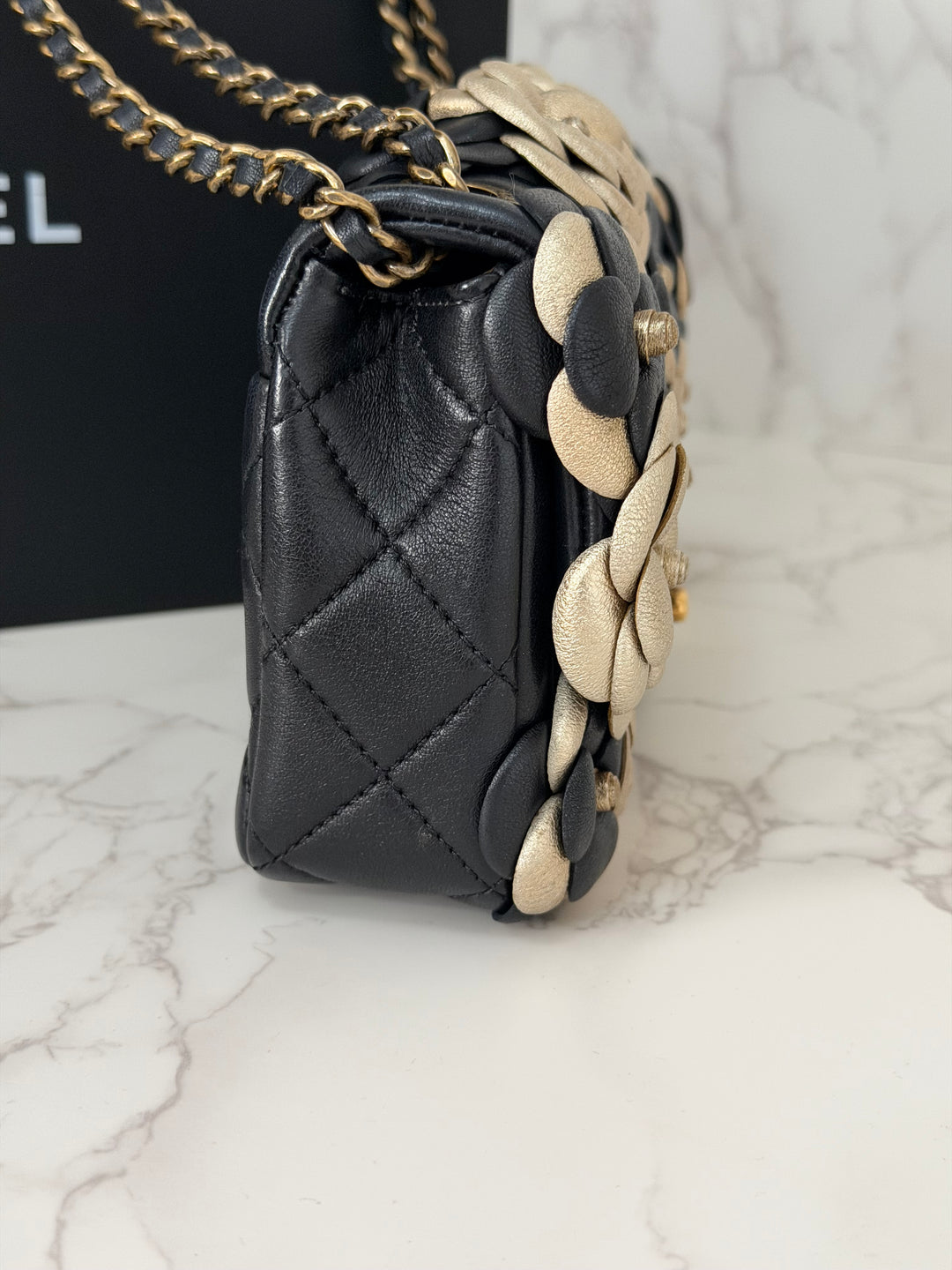 CHANEL series 21 Black Metallic Gold Camellia Flower Lambskin Mini Rectangular Flap Bag with Vintage GHW