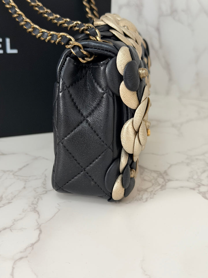 CHANEL series 21 Black Metallic Gold Camellia Flower Lambskin Mini Rectangular Flap Bag with Vintage GHW
