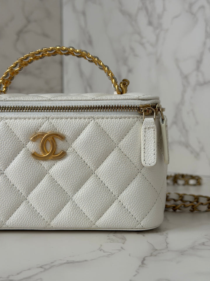 CHANEL 22S Collection 2022 Pick Me Up White Caviar Small Vanity Case with Metal Top Handle GHW