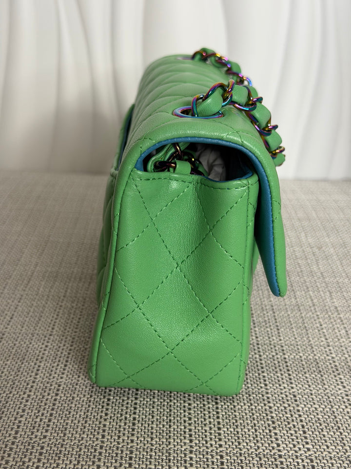 CHANEL series 31 21P Two Tone Green Blue Lambskin Rainbow Iridescent Hardware Mini Rectangular Flap Bag 2021