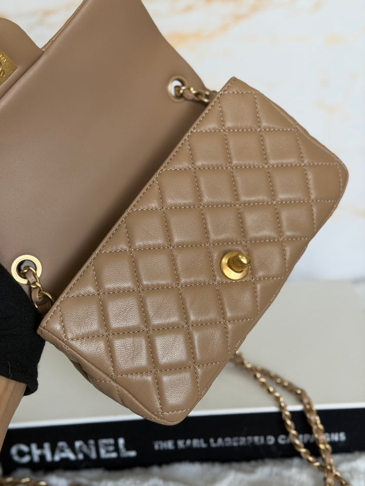 CHANEL 22B Taupe Dark Beige Lambskin Aged GHW Pearl Crush Adjustable Chain Mini Rectangular Flap Bag 2022