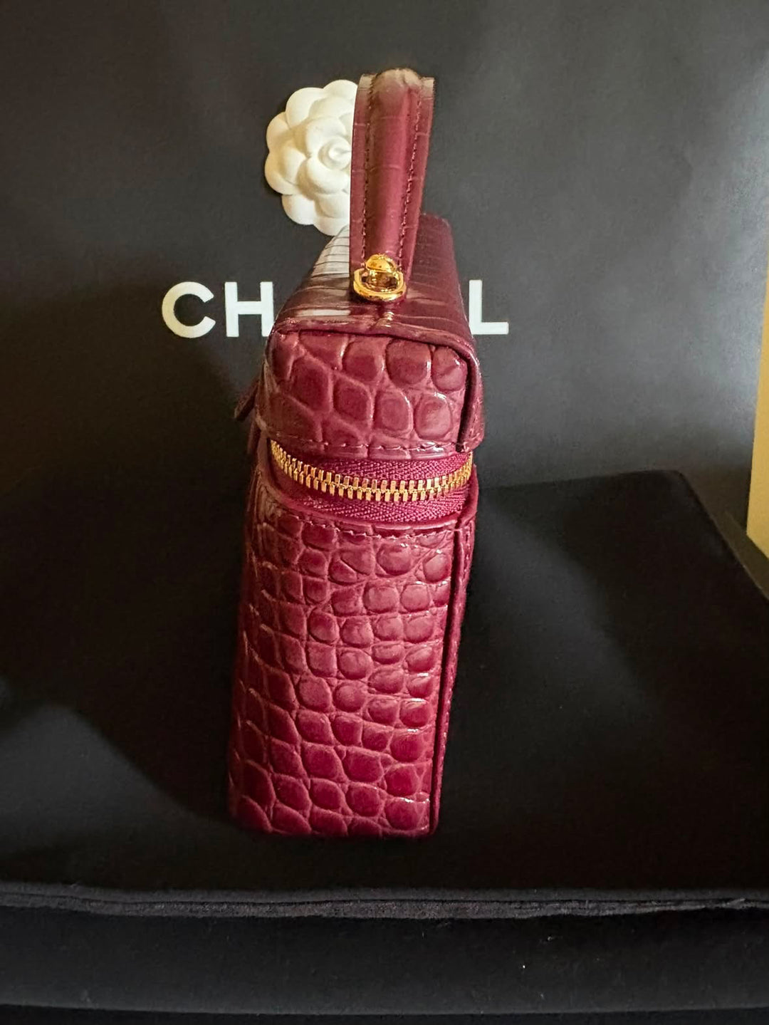 CHANEL 26B Burgundy Calf Skin Croc Embossed LGHW LP Long Vanity with detachable chain size SMALL 19 cms 2026