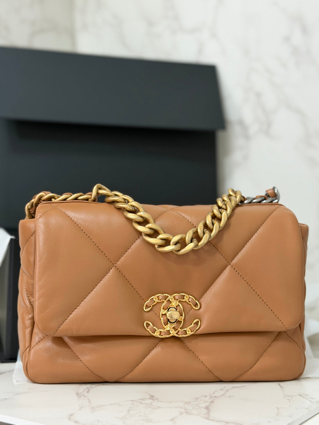CHANEL Caramel Brown Lambskin Mixed Hardware 19 Size Small Medium Flap bag from 2022