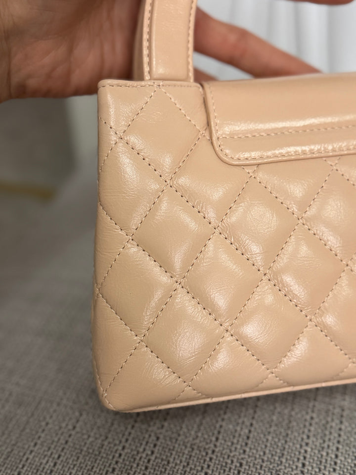 CHANEL 25C Powder Beige Calf Skin aged GHW Kelly Nano Shopping Bag Size Small 19 cms