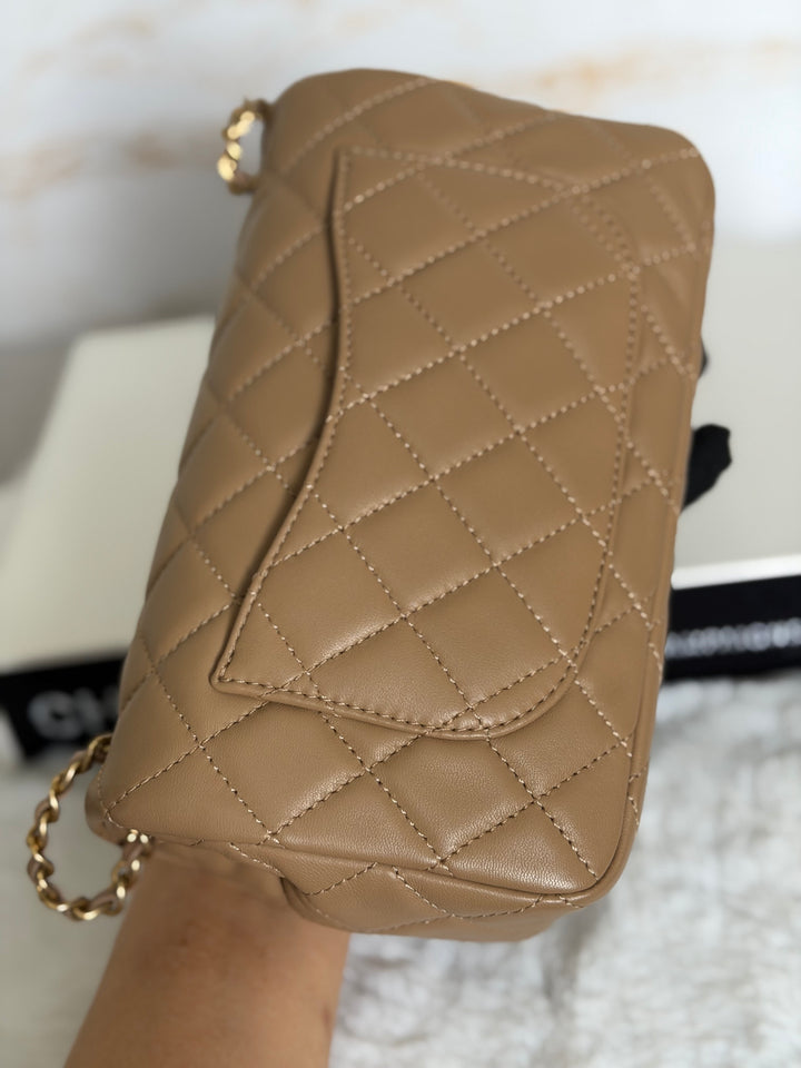 CHANEL 22B Taupe Dark Beige Lambskin Aged GHW Pearl Crush Adjustable Chain Mini Rectangular Flap Bag 2022