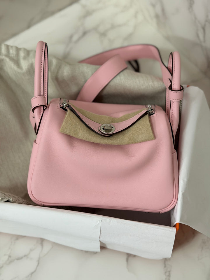 Hermes Mini Lindy Rose Sakura Swift leather PHW Stamp B 2024 *Rare combo*