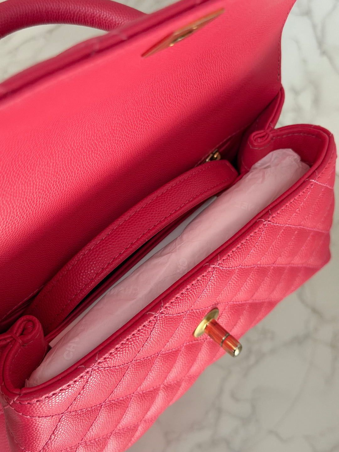Chanel 23P Collection 2023 Dark Pink Caviar Aged GHW Coco Handle with Detachable Strap and enchained handle size Small