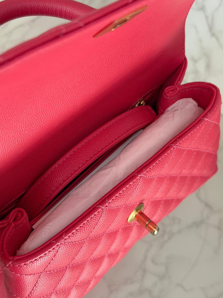 Chanel 23P Collection 2023 Dark Pink Caviar Aged GHW Coco Handle with Detachable Strap and enchained handle size Small
