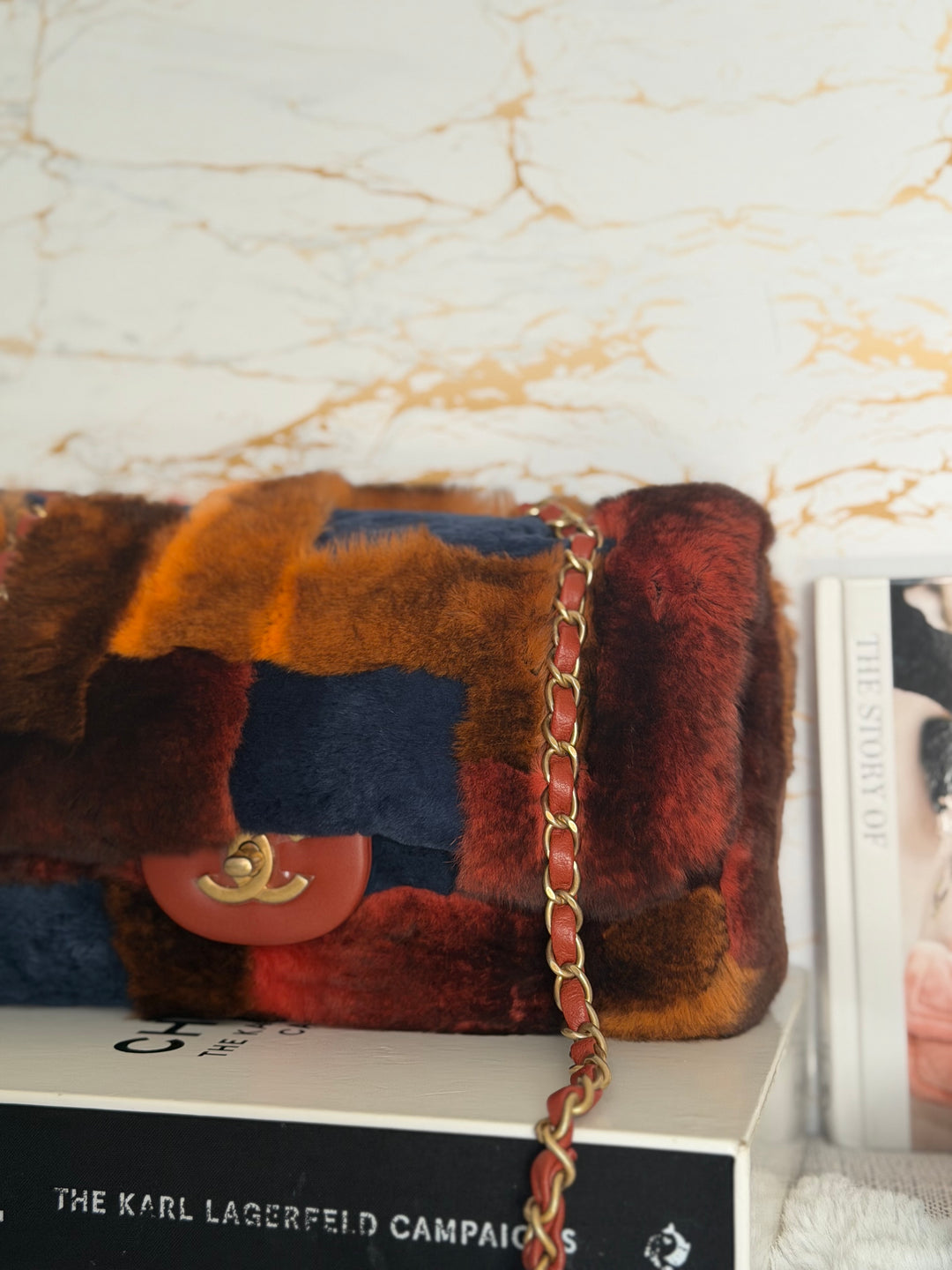 CHANEL series 28 Orylag Red Orange Navy Fur Flap Bag with GHW Medium Single Flap Bag 2018