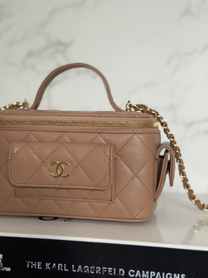 CHANEL Dark Beige Caviar Cargo Polly Pocket Vanity Case with Top Handle GHW 2023