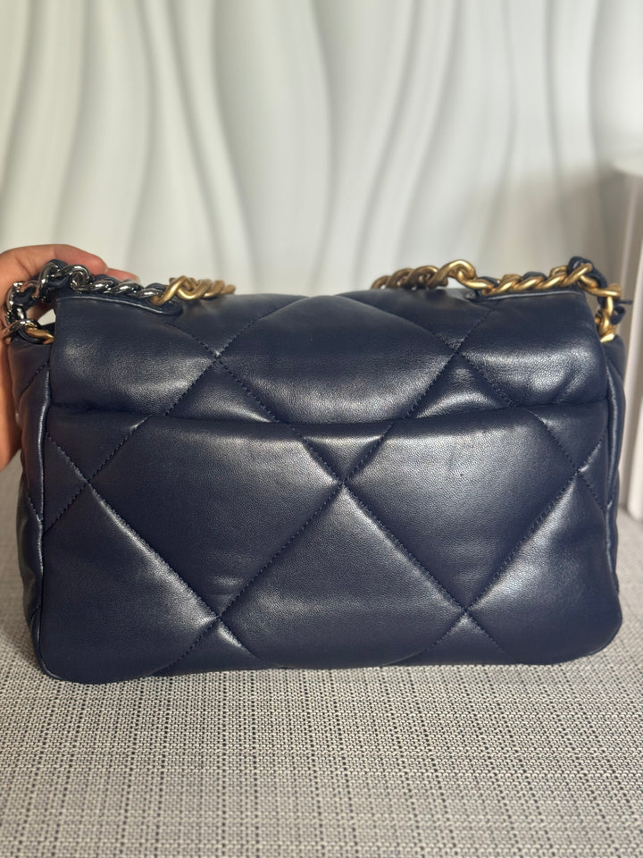 CHANEL 19 Size SMALL 26 cms series 31 Navy Lambskin Mixed Hardware Flap Bag with top handle
