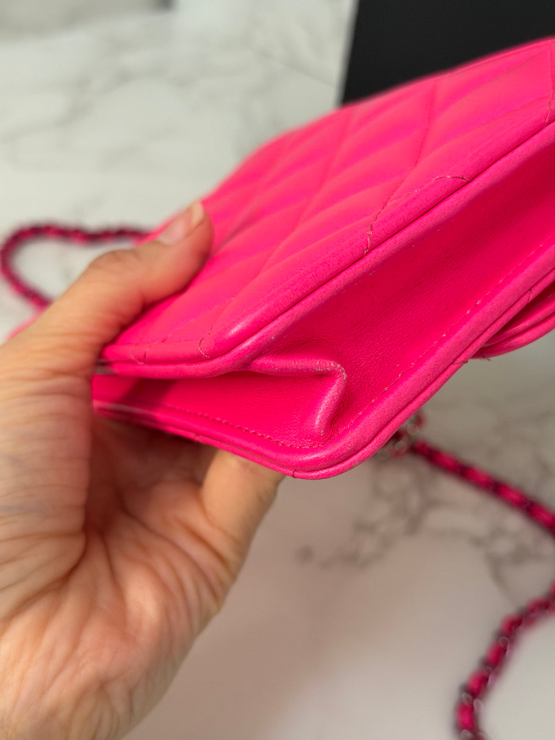 CHANEL 24C 2023/2024 Bright Hot Pink Ombré Hardware Square Wallet on Chain (WOC)