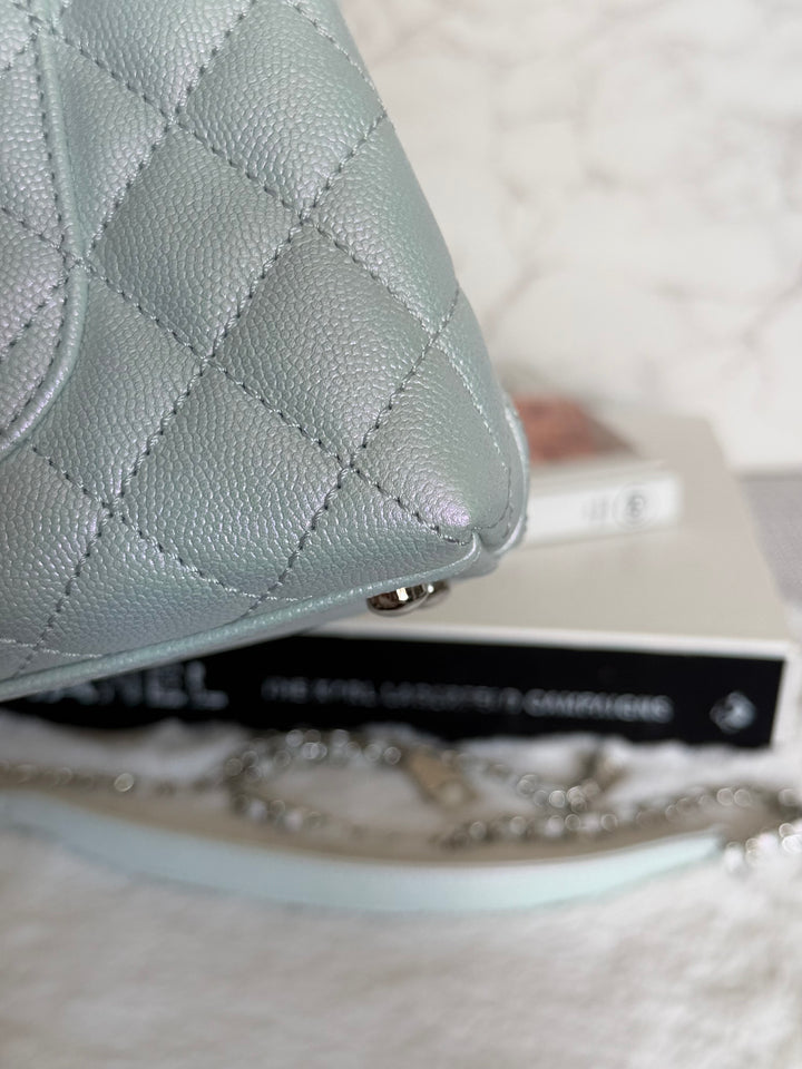 CHANEL 21K iridescent Light Blue Caviar Rainbow and shiny SHW Coco Handle Flap Bag size Small 2021