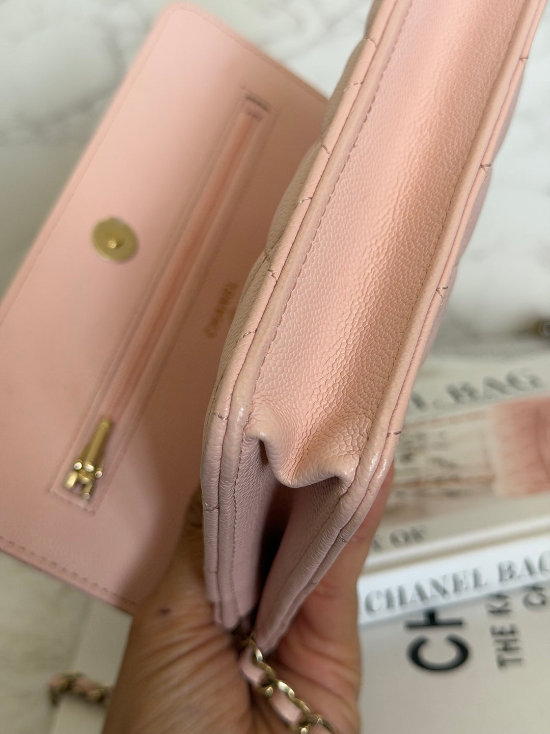 CHANEL Light pink/Nude pink caviar LGHW Classic Wallet on chain (WOC) 2024