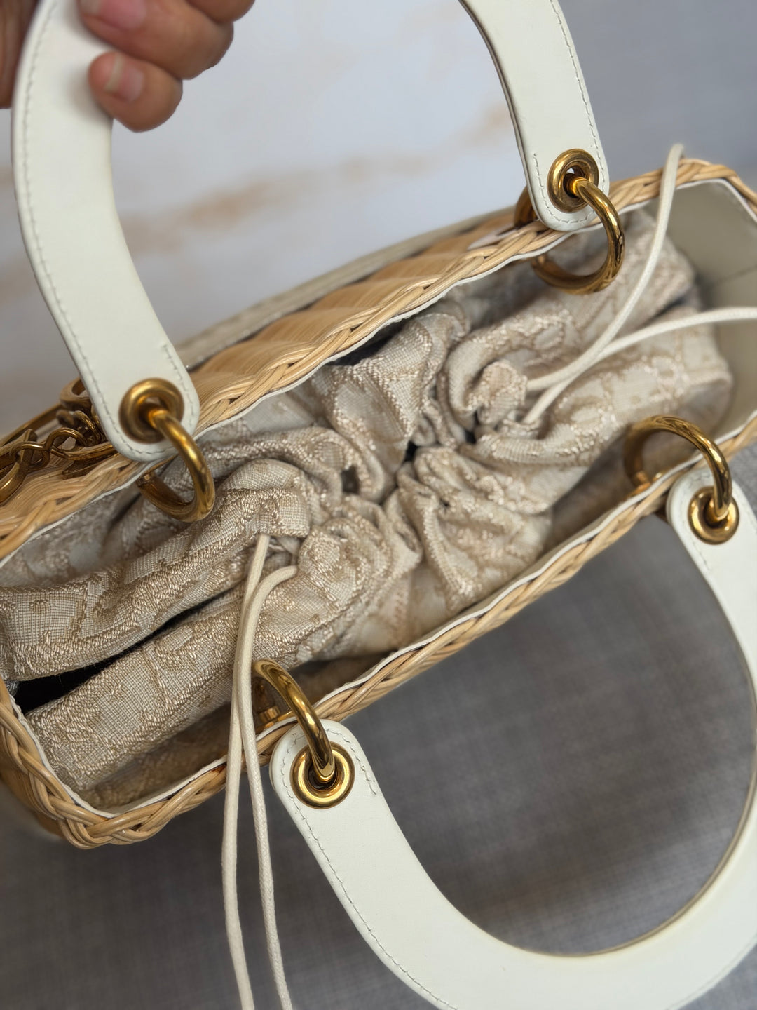 DIOR Lady Dior White/Gold Wicker Bag size SMALL with Guitar Strap