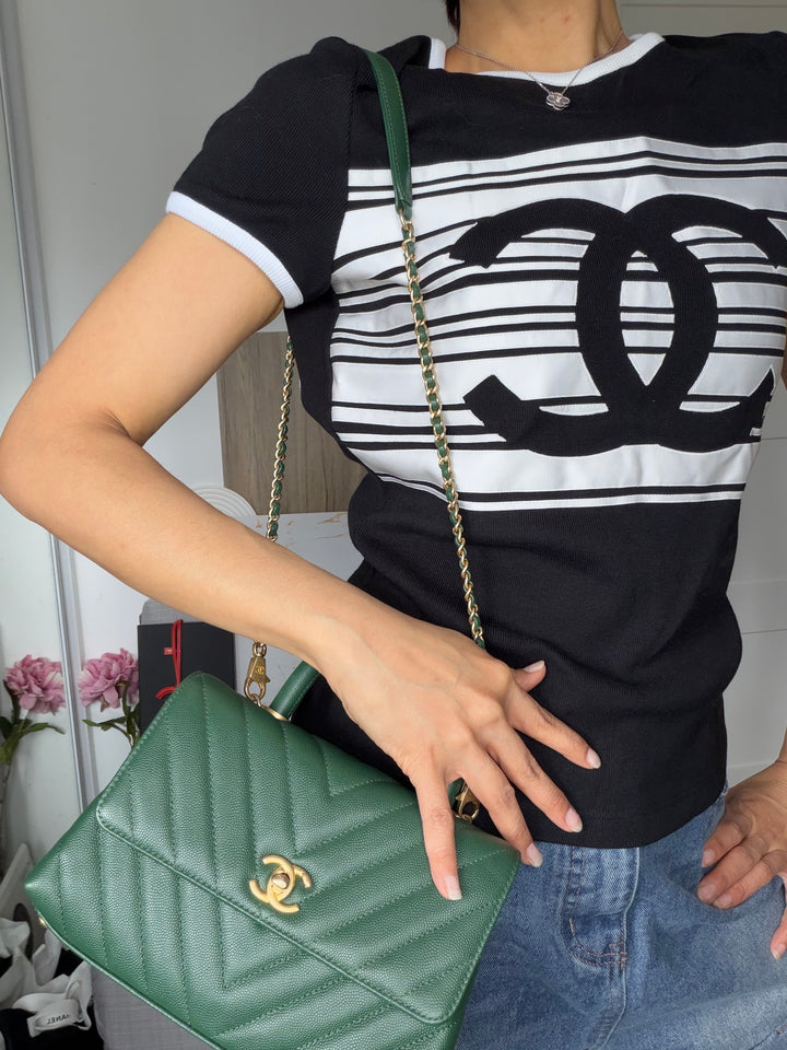 CHANEL series 26 Forrest Dark Green Caviar Chevron Aged GHW Coco Handle Size SMALL 24 cms 2018