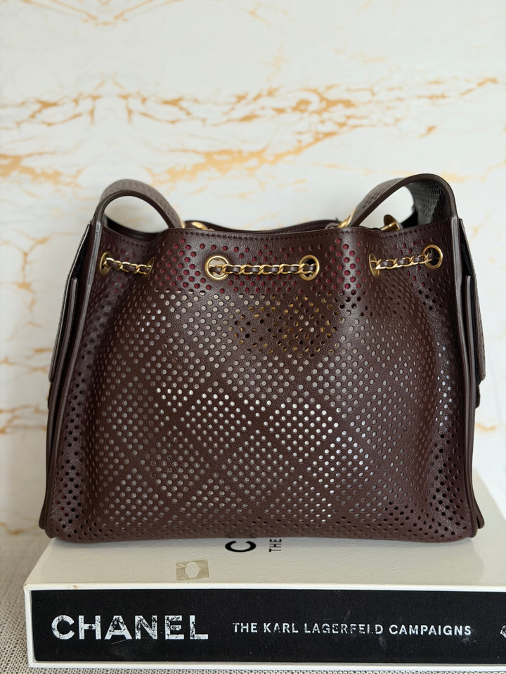 CHANEL 26S 25 Hobo Bag in Perforated BROWN Calf skin Aged GHW size SMALL