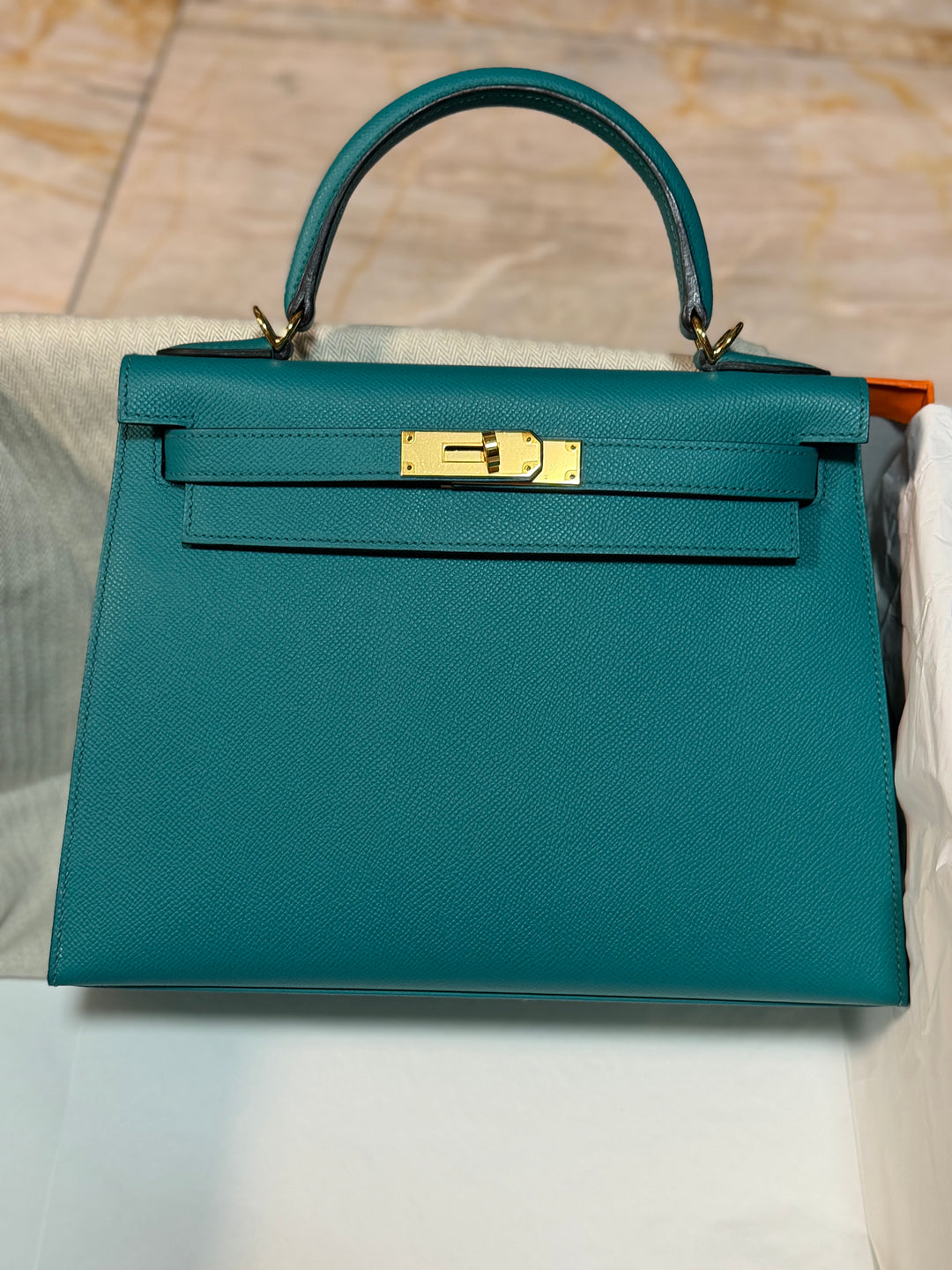 Hermes Kelly 28 Sellier Epsom Leather SO Bleu Paon GHW Stamp D 2019
