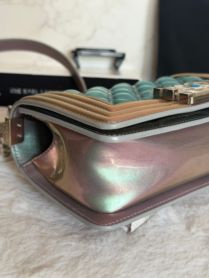 CHANEL 18S Iridescent Patent Calf Skin Purple Blue Mermaid Le Boy Flap Bag size Small