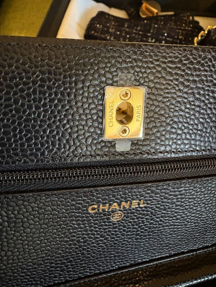 CHANEL Black Caviar GHW Turnlock New Style Classic Wallet on Chain (WOC)