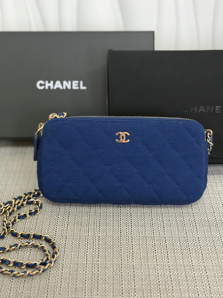CHANEL series 28 Blue Jersey With Green Fabric Lining O Diver Wallet on Chain Phone Holder LGHW