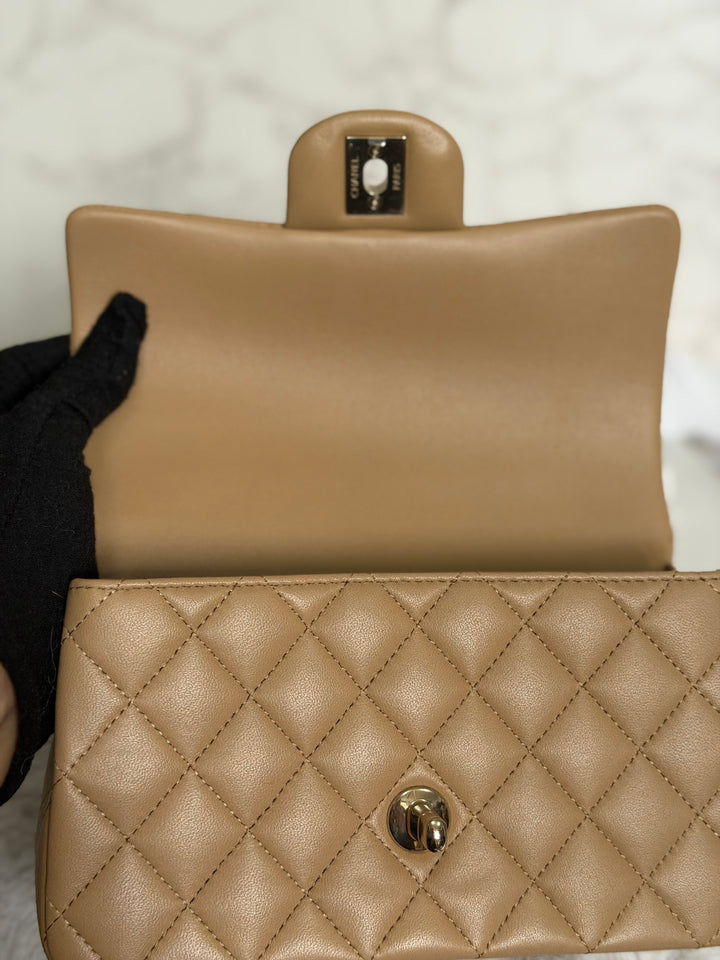 CHANEL Dark Beige Lambskin LGHW Mini Rectangular Flap Bag with Top Handle 2023