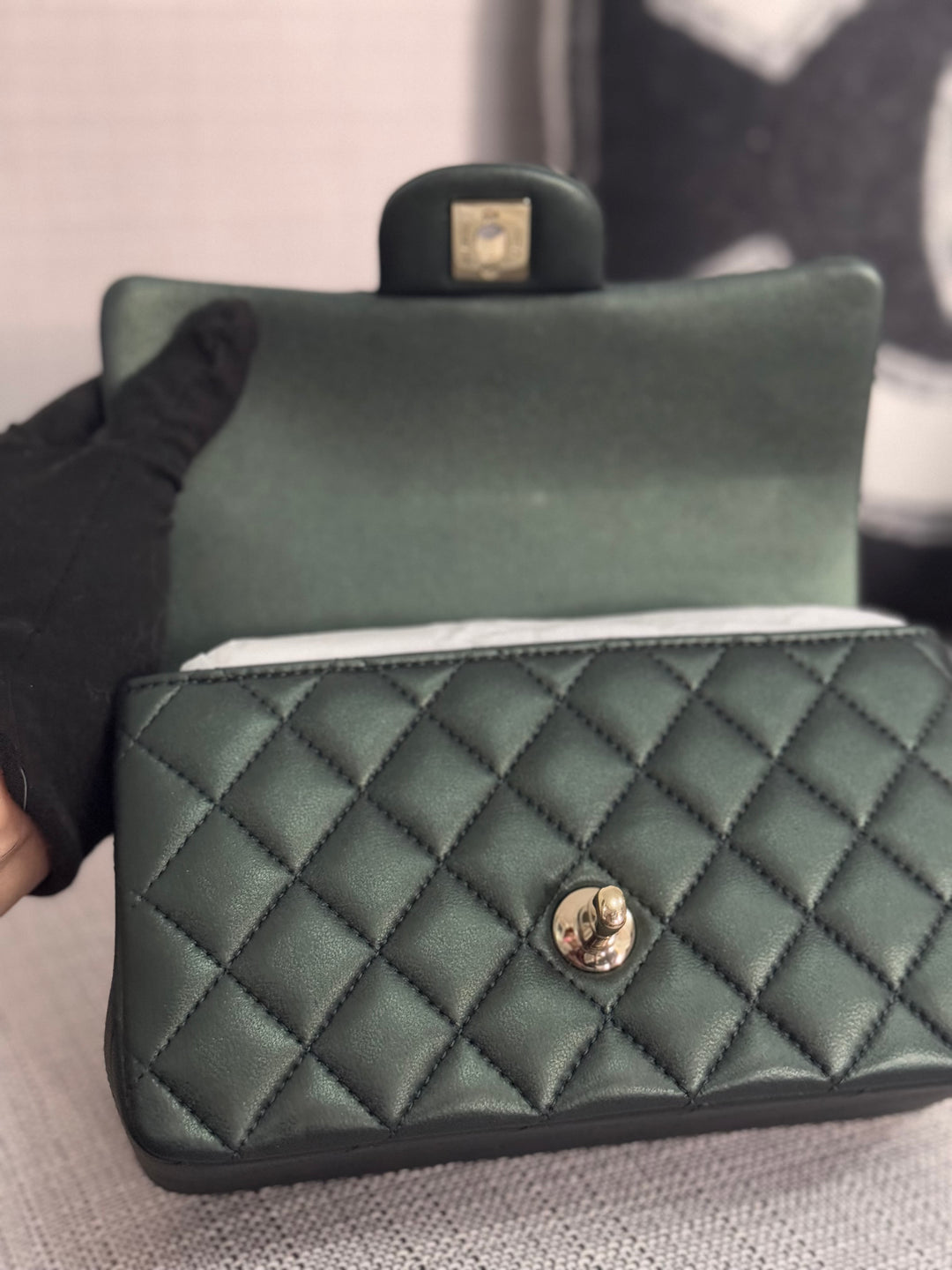 Chanel Iridescent Dark Green Lambskin Mini Rectangular Flap Bag with Top Handle and Champagne GHW