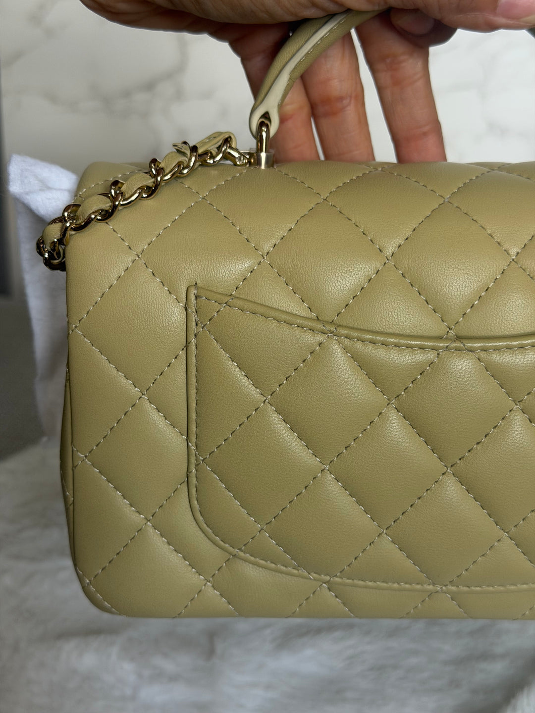 CHANEL 23A Pistachio Green Lambskin LGHW Mini Rectangular Flap Bag with Top Handle 2023