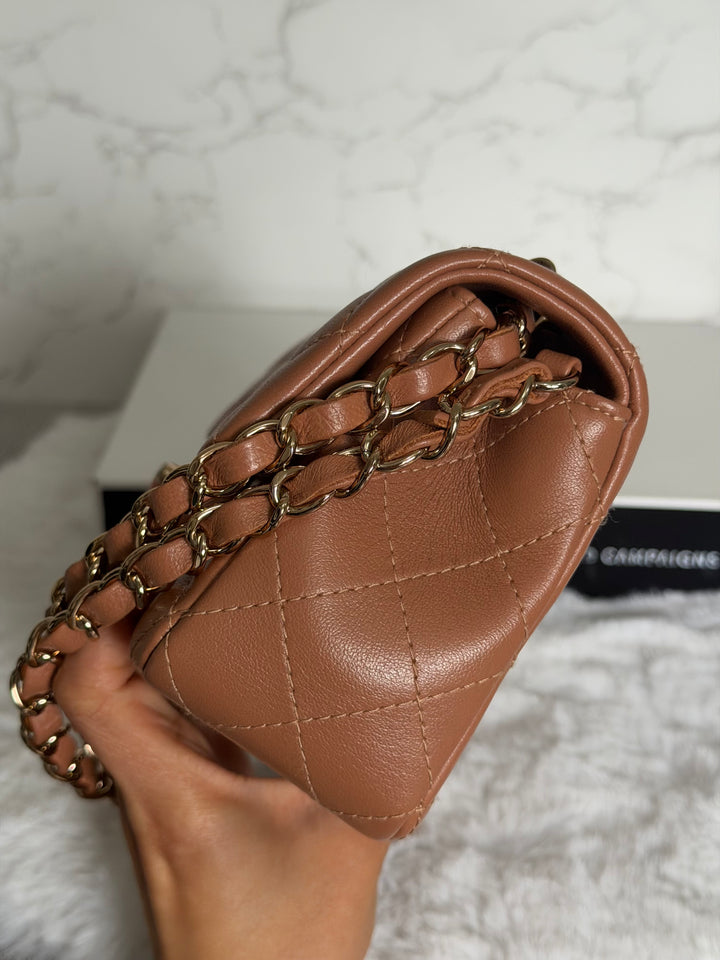 CHANEL 22S Caramel Brown NB356 Lambskin LGHW Mini Rectangular Flap Bag 2022