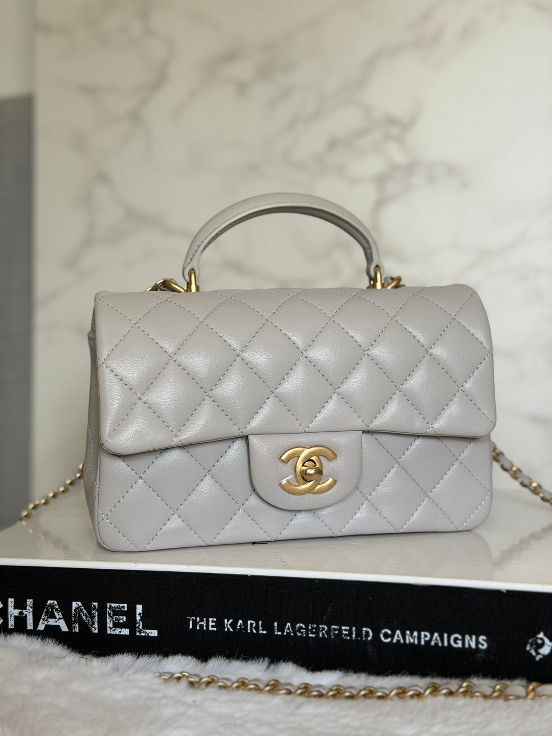 CHANEL 21A Grey Lambskin Aged GHW Top Handle Mini Rectangular Flap Bag 2021