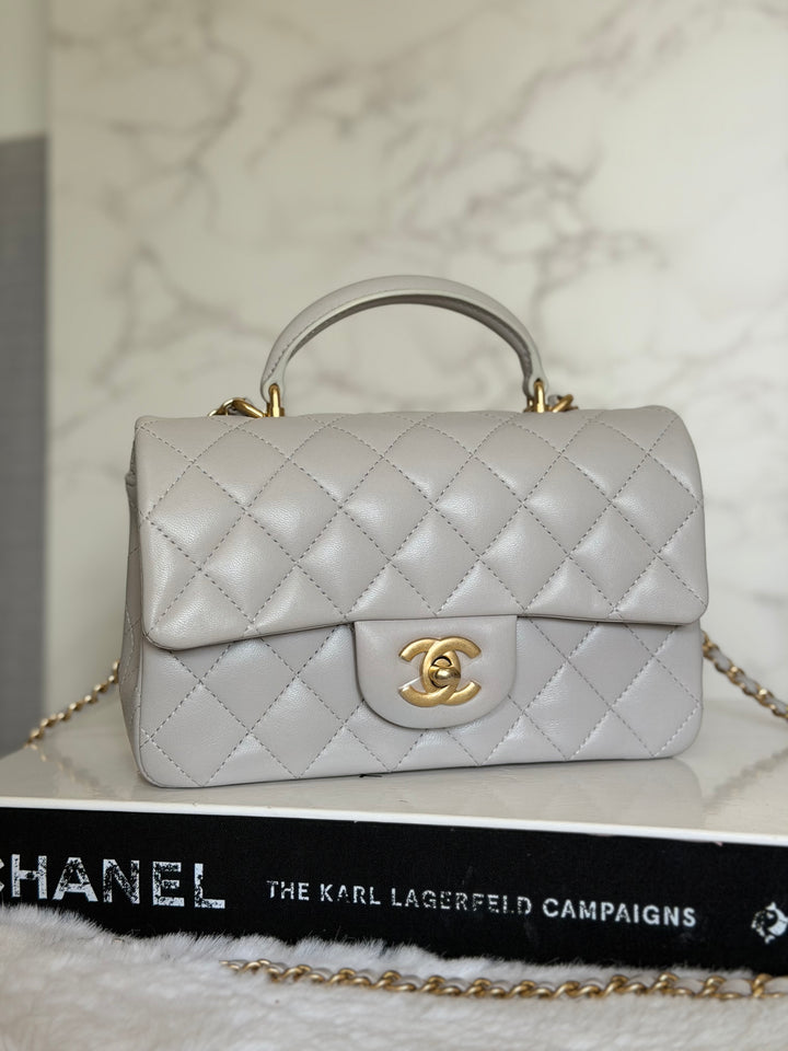 CHANEL 21A Grey Lambskin Aged GHW Top Handle Mini Rectangular Flap Bag 2021