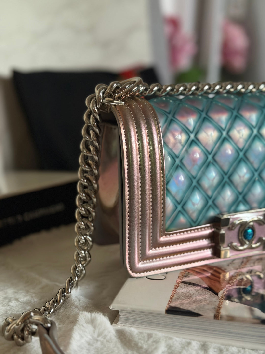 CHANEL 18S Iridescent Patent Calf Skin Purple Blue Mermaid Le Boy Flap Bag size Small