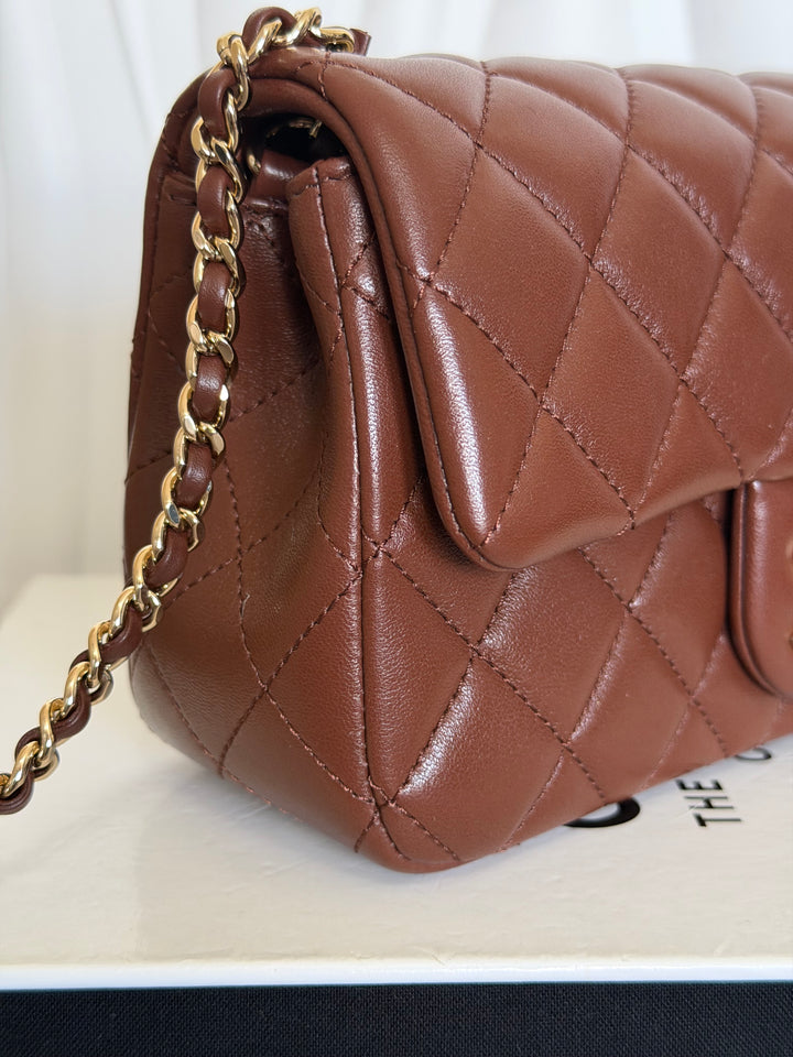 CHANEL 26S Brown Lambskin Adjustable Chain LGHW Mini Rectangular Flap Bag 2026